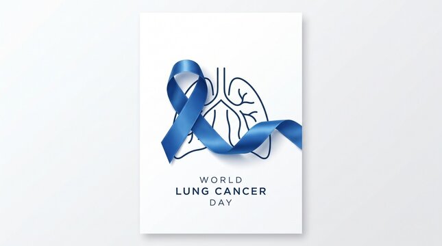 World Lung Cancer Day awareness concept, blue ribbon symbol with human lungs illustration, medical healthcare banner for respiratory health