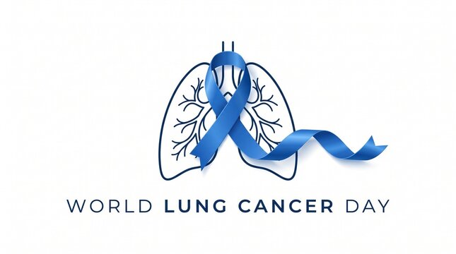 World Lung Cancer Day awareness concept, blue ribbon symbol with human lungs illustration, medical healthcare banner for respiratory health