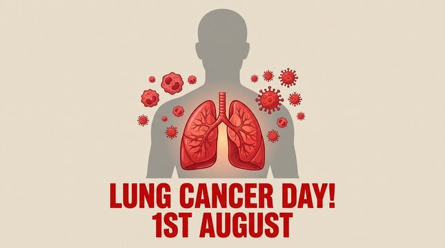 Lung cancer awareness illustration with human lungs and viruses on beige background