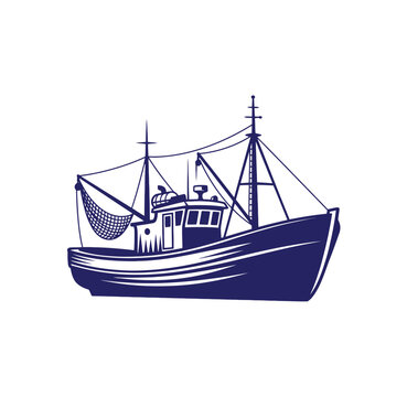 Traditional commercial fishing trawler boat silhouette with maritime nautical silhouette transportation industry commercial navigation illustration isolated transport fisherman shipping