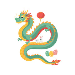 Fototapeta premium Festive chinese dragon with small rabbits and colorful easter eggs for lunar new year and spring holiday celebration