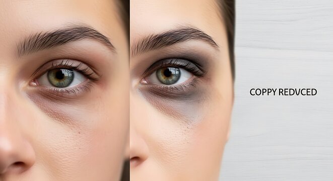 Woman comparing eye makeup techniques closely.