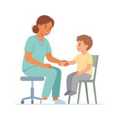 Obraz premium A female nurse in green scrubs is holding a young boy's hand and smiling kindly during a medical appointment in a bright clinical setting.