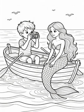 A boy takes a picture of a familiar mermaid coloring page