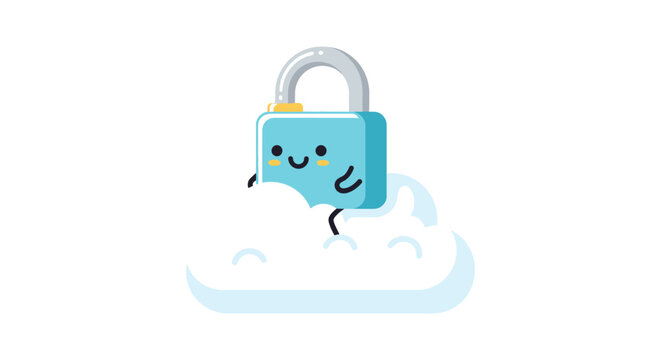 Cute cartoon padlock character on a fluffy cloud, digital security concept