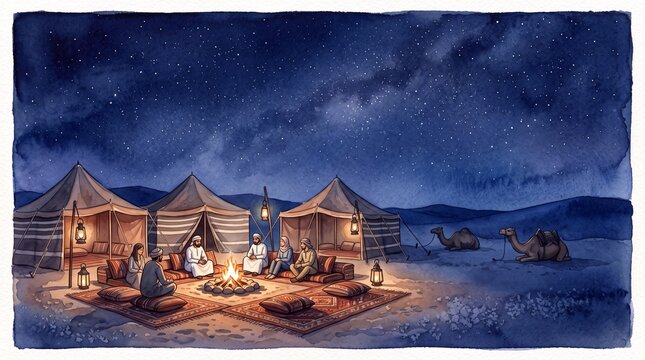 Desert night camp, watercolor illustration of a Bedouin gathering around a campfire under a starry sky, traditional Arabian nomadic life, serene desert landscape.