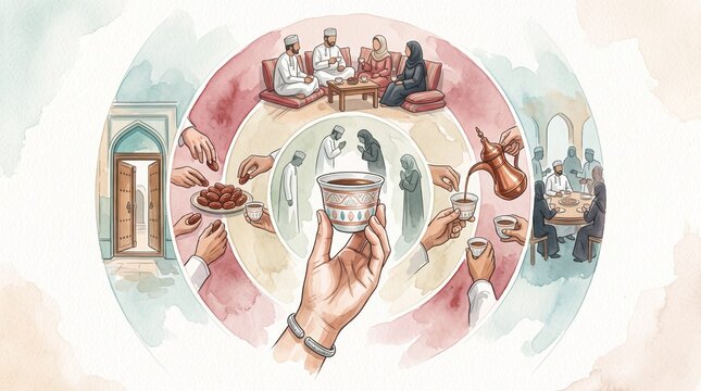Traditional Arabic coffee culture illustration, a watercolor depiction of hospitality, social gatherings, and serving rituals. Middle Eastern lifestyle and cultural heritage concept.