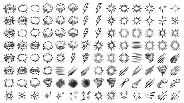 Hand drawn comic book style explosion elements including lightning clouds stars and motion speed lines effects