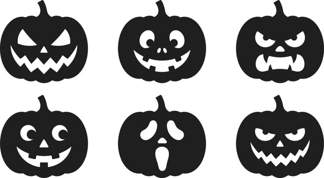 Collection of six black jackolanterns with different facial expressions isolated on white background