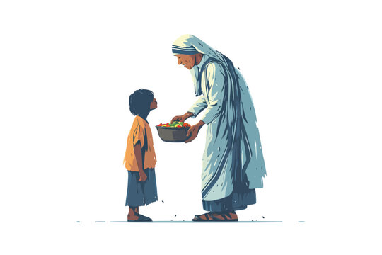 Mother Teresa Offering Food to Poor Child isolated