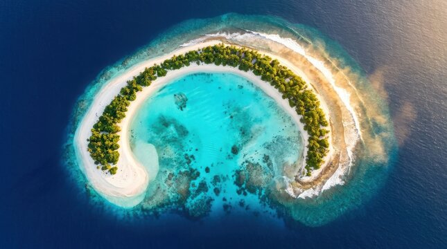 Aerial view of tropical crescent island with white sand beach palm trees and turquoise lagoon in deep blue ocean water