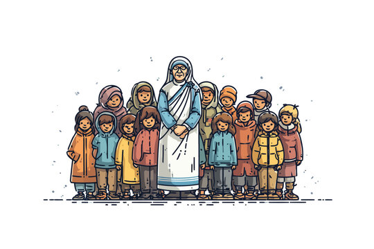 Mother Teresa Surrounded by Children in Need isolated