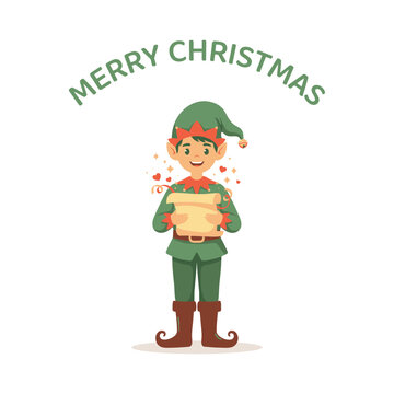 Happy christmas elf holding a scroll with floating hearts and sparkles isolated on a plain white background, festive holiday season