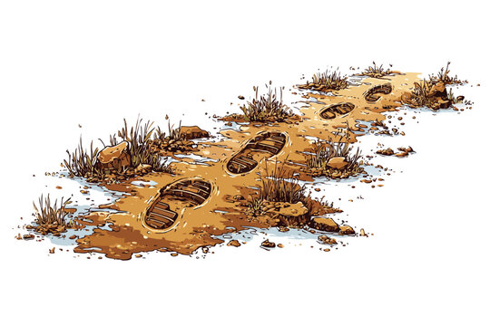 Muddy Trail with Repeating Bootprints in Forest isolated