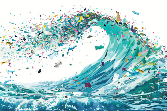 Ocean Waves Filled with Plastic Debris isolated illustration