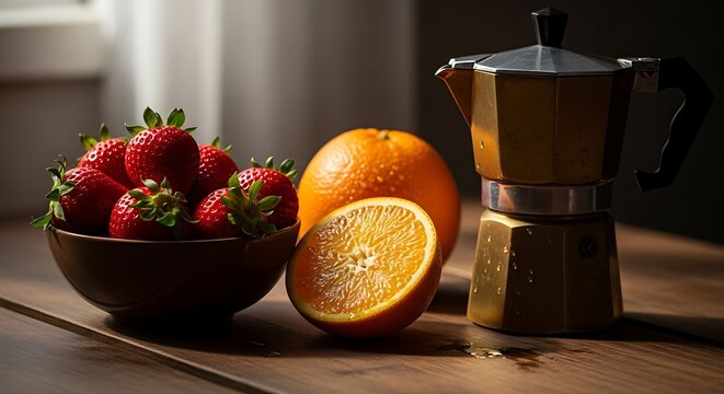 Fresh fruit and coffee maker still life.