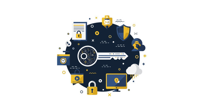 Cyber Security and Data Protection Concept with Digital Key, Padlock, and Shield Icons on Dark Background. Flat Vector Illustration for Information Privacy and Online Safety.