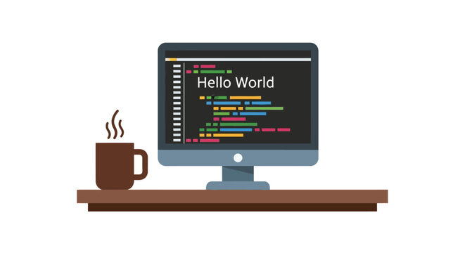 Programming Concept Illustration with Computer Monitor Displaying Hello World Code and Coffee Mug on Desk