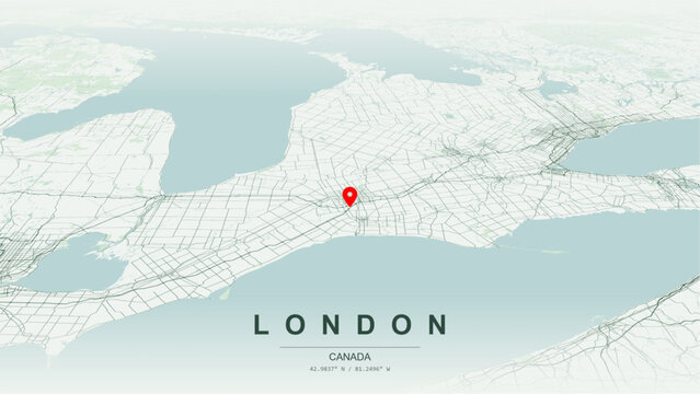 Modern minimalist vector map of London, Ontario, Canada. High-quality scalable illustration of London downtown city grid, Thames River Forks layout for posters design.