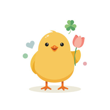 Happy yellow chick holding a pink tulip flower with clover and heart for spring holiday greeting card on white