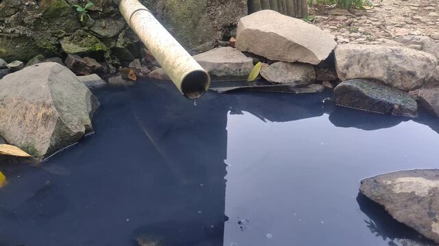 Polluted Dark Water Dripping from Pipe into Pond