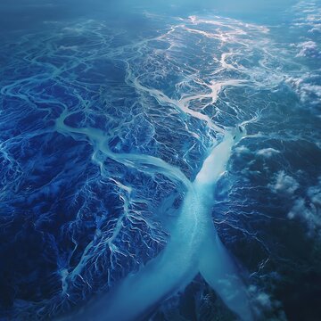 Aerial view of a glacial river network flowing through rugged arctic terrain.