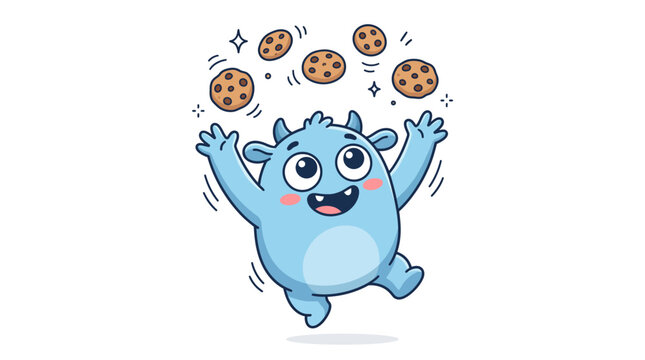Cute Blue Baby Monster Reaching for Chocolate Chip Cookies Vector Illustration