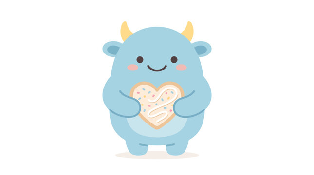 Cute Blue Monster Character Holding a Heart Shaped Cookie with Sprinkles Vector Illustration