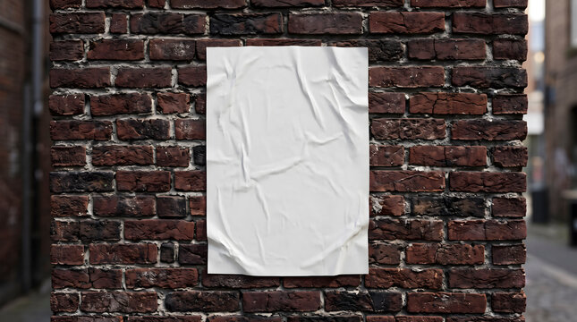 Crumpled Blank Poster on Rustic Red Brick Wall.