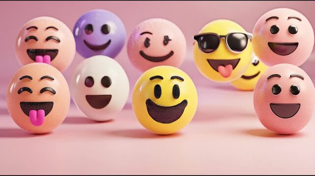 Colorful egg shaped 3d emojis floating on a pink background