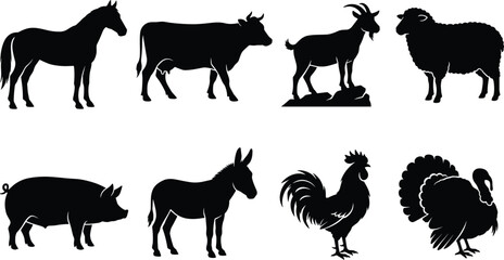 Fototapeta premium Set of professional black farm animal silhouettes featuring horse cow goat sheep pig donkey rooster and turkey