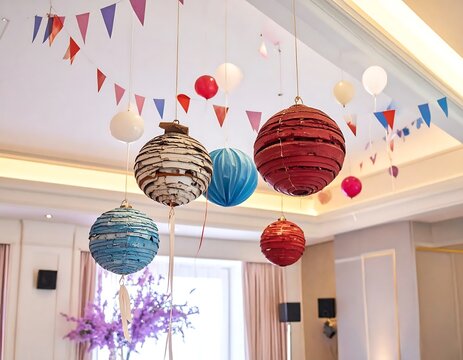 Colorful paper lanterns and festive bunting decorations hanging from a ceiling.