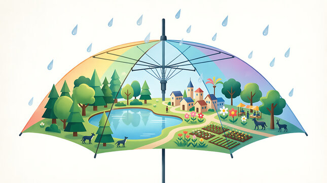 Vector Illustration of Colorful Umbrella in Rainy Park Landscape with Rainbow Clouds Trees Flowers and Blue Sky Nature Cartoon Spring Summer Scene
