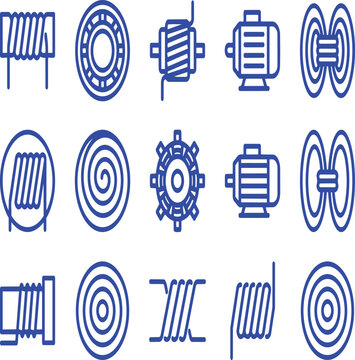 Industrial electromagnetic coil and electric motor components line icons with electromagnet electric industrial magnetic inductor transformer electricity electronics engineering