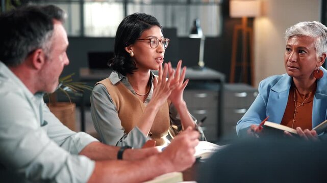 Office, presentation and woman with paperwork, research or investment management with data analysis. Business people, talk and financial forecasting with documents, chart and collaboration with info