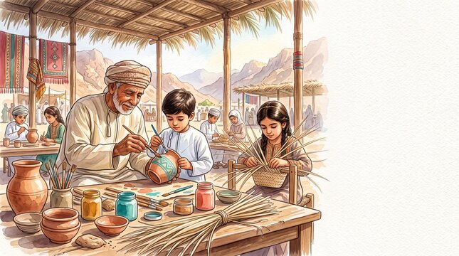 Traditional Omani pottery workshop, a father teaching children to paint clay pots, cultural heritage craft, Middle Eastern art, and family bonding activity.