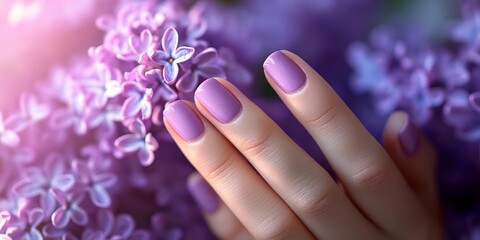 Fototapeta premium Elegant Woman s Hands with Lavender Manicure Gently Touching Lilac Blossoms in Springtime Beauty