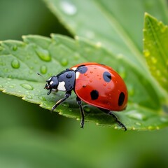 Obraz premium Red Spotted Ladybug Resting on Dewy Green Leaf in Garden