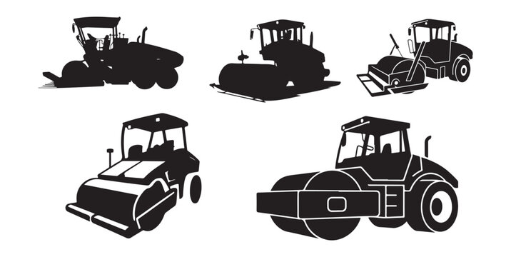 Road construction machinery silhouette set, asphalt paver and road roller heavy equipment vector collection.