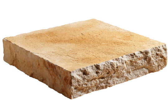 Textured limestone paver with natural aging and a warm, sandy hue isolated on white background, Clipping Path, png