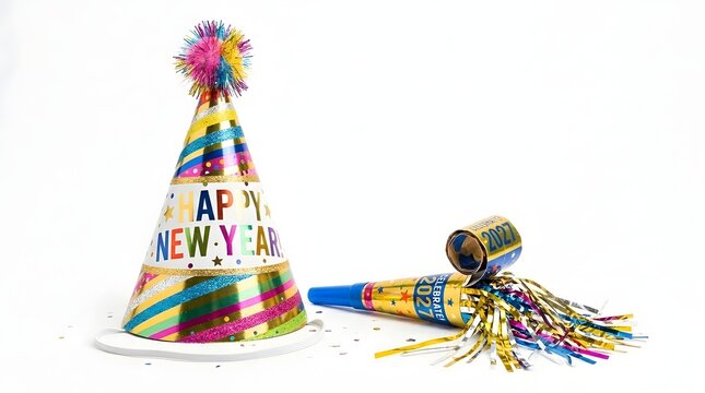 Colorful New Year's party hat and noisemaker on white background