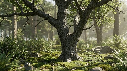 Fototapeta premium Buckthorn bark detail on a textured tree trunk surrounded by lush green forest moss and ferns in a serene woodland clearing with natural morning light