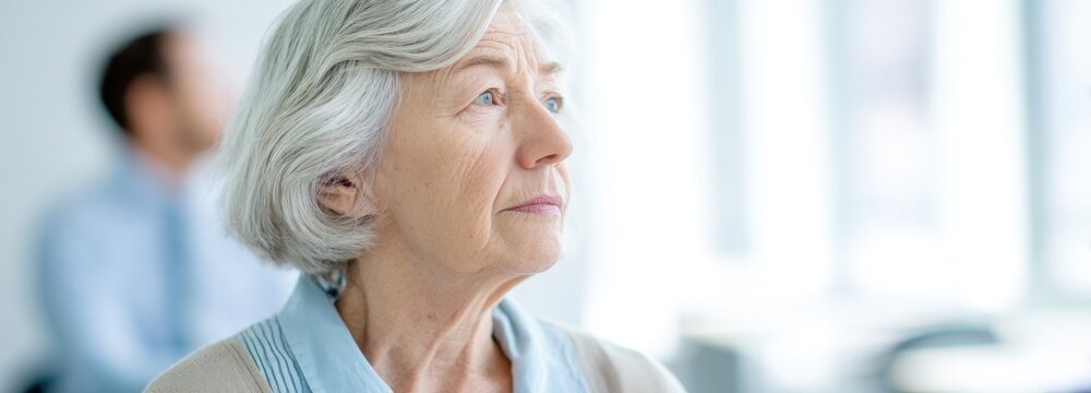 Elderly patient engages in verbal fluency tasks during clinical assessment in bright room