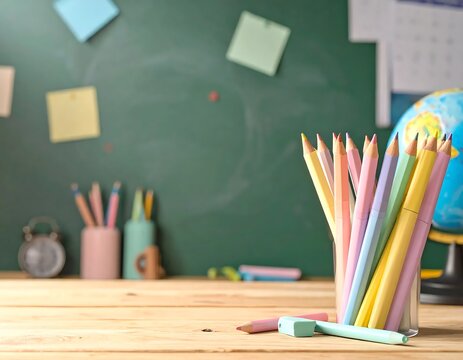 Classroom Desk with Pencils, Globe, and Chalkboard Background.