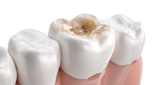 Close-up view of primary tooth cavity before SDF treatment with enamel breakdown