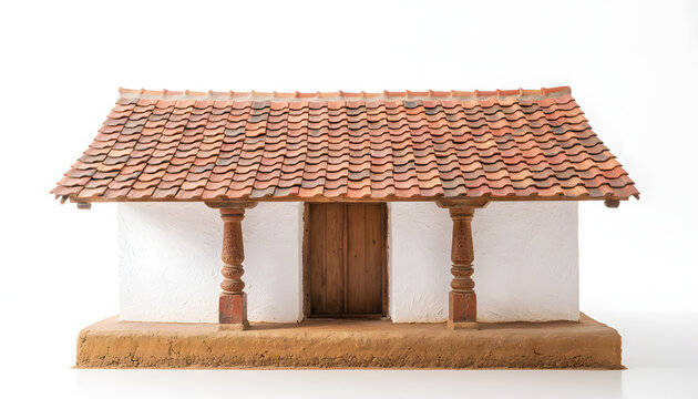 Traditional Miniature Clay House Model with Tiled Roof and Wooden Pillars on White Background