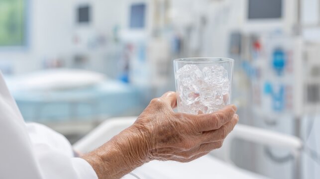 Patient receives stem cell infusion and holds cup of ice chips in hematology ward