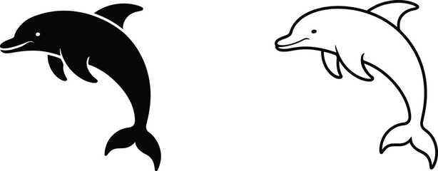 Dolphin icon set with solid black and outline leaping marine wildlife ocean animal symbol collection © Rezia