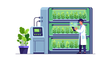 Obraz premium Smart Agriculture Concept Illustration featuring a Scientist Monitoring Vertical Farming and Hydroponic Plant Growth with a Digital Tablet and Futuristic Control Panel