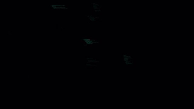 Abstract digital glitch effect with geometric shapes on dark background.